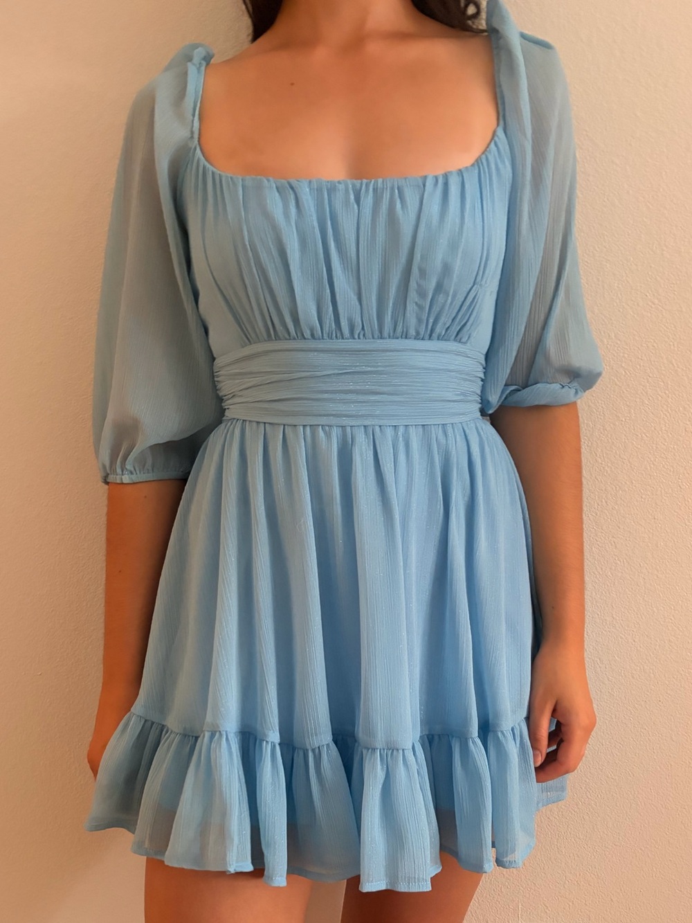 Lucy in the Sky Baby Blue Square-Neck Mini Dress with Puff Sleeves